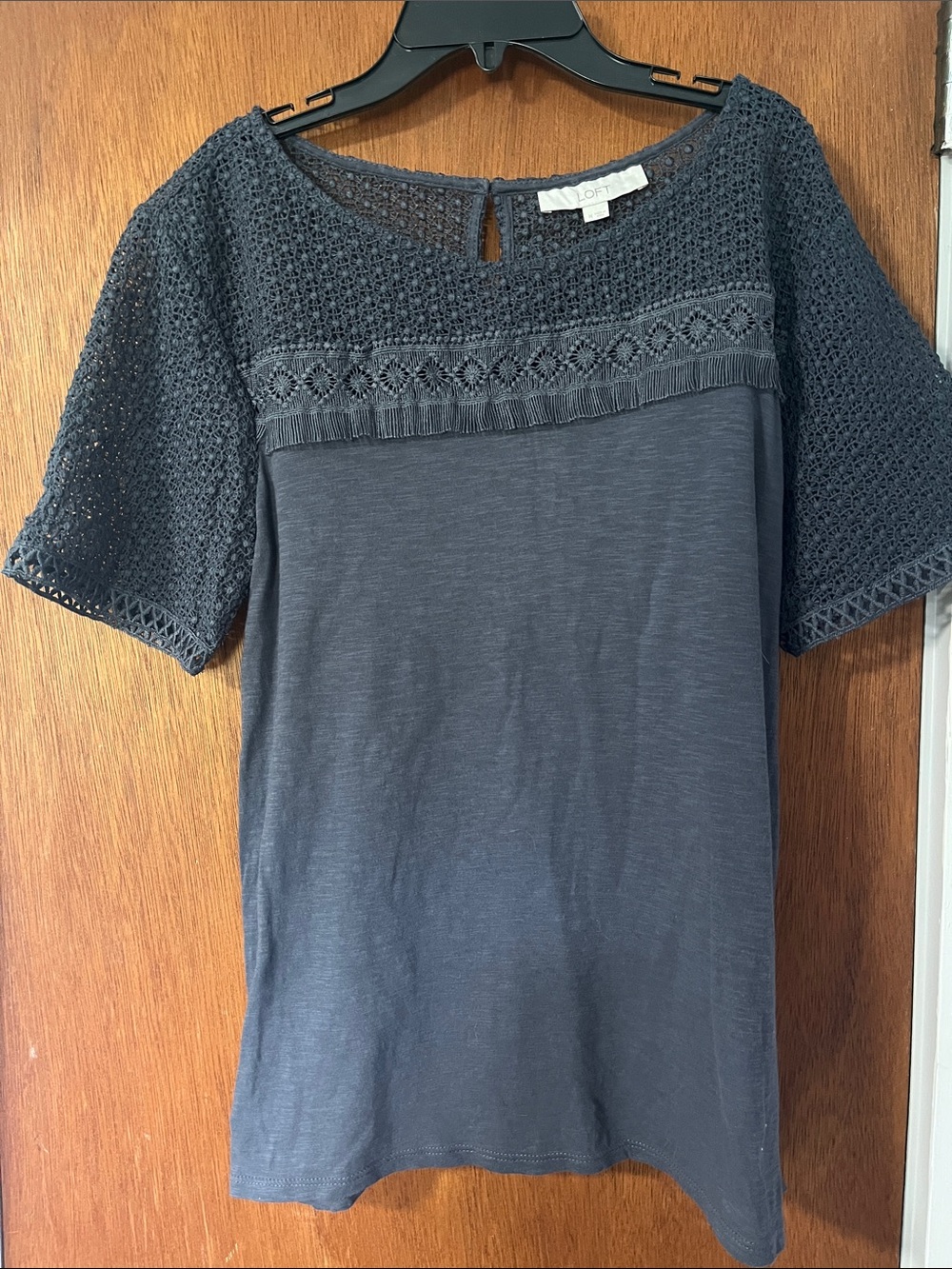 LOFT Charcoal Crochet Yoke Short Sleeve Tee